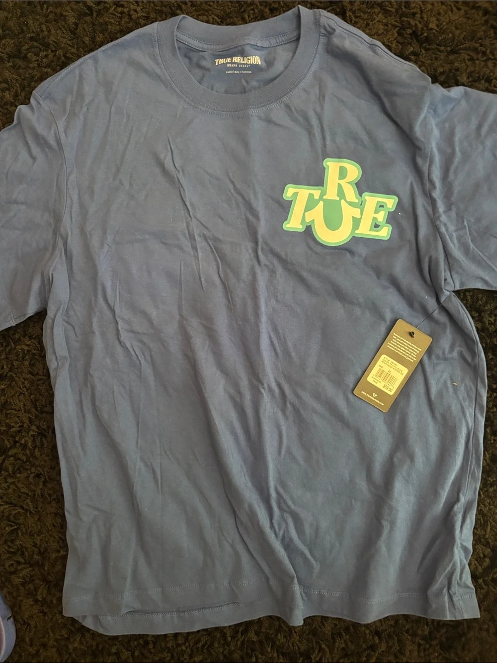 True Religion Navy Tee with Yellow & Mint Logo